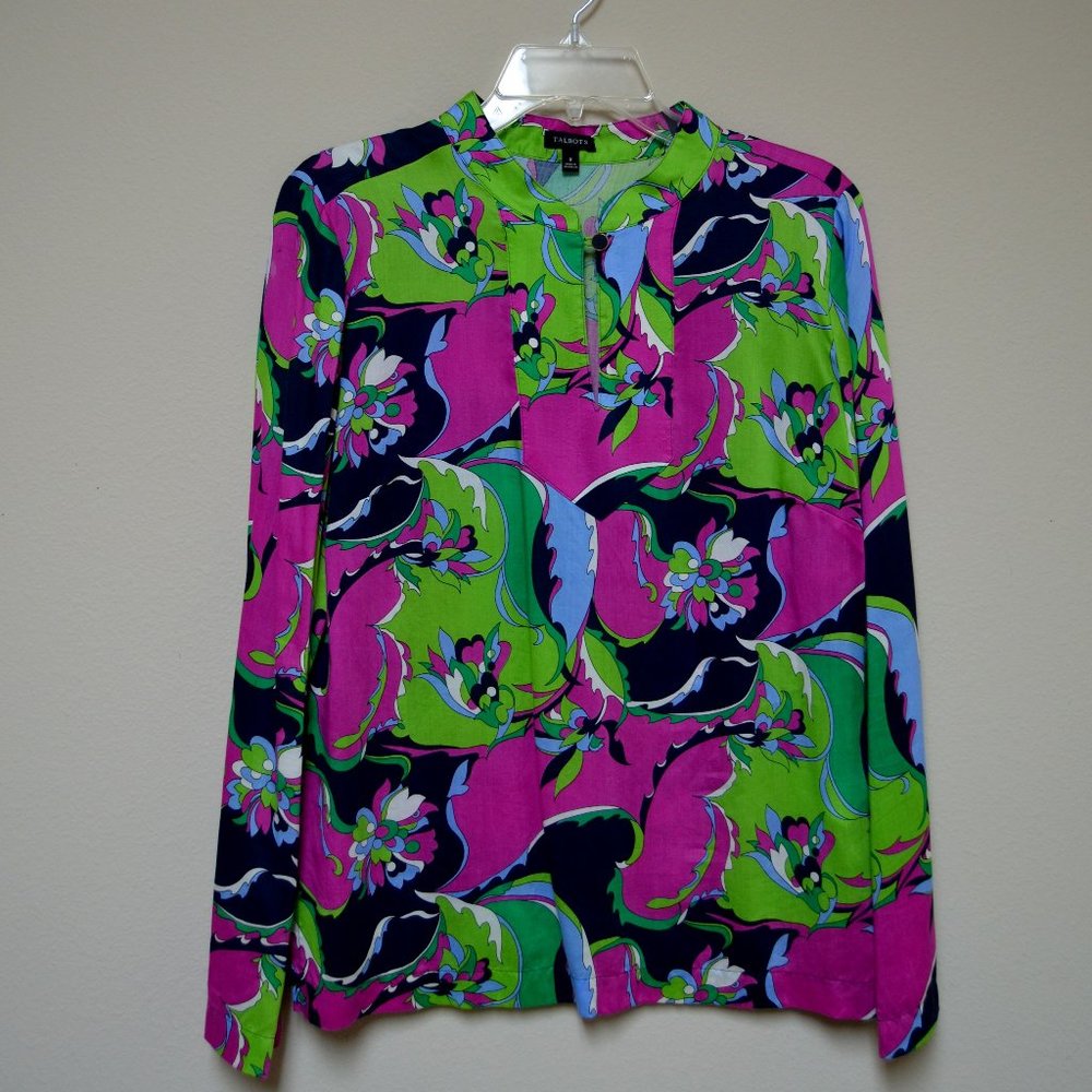 Talbots Multicolor Floral Print Bishop Neck Long Sleeve Blouse - Size 8